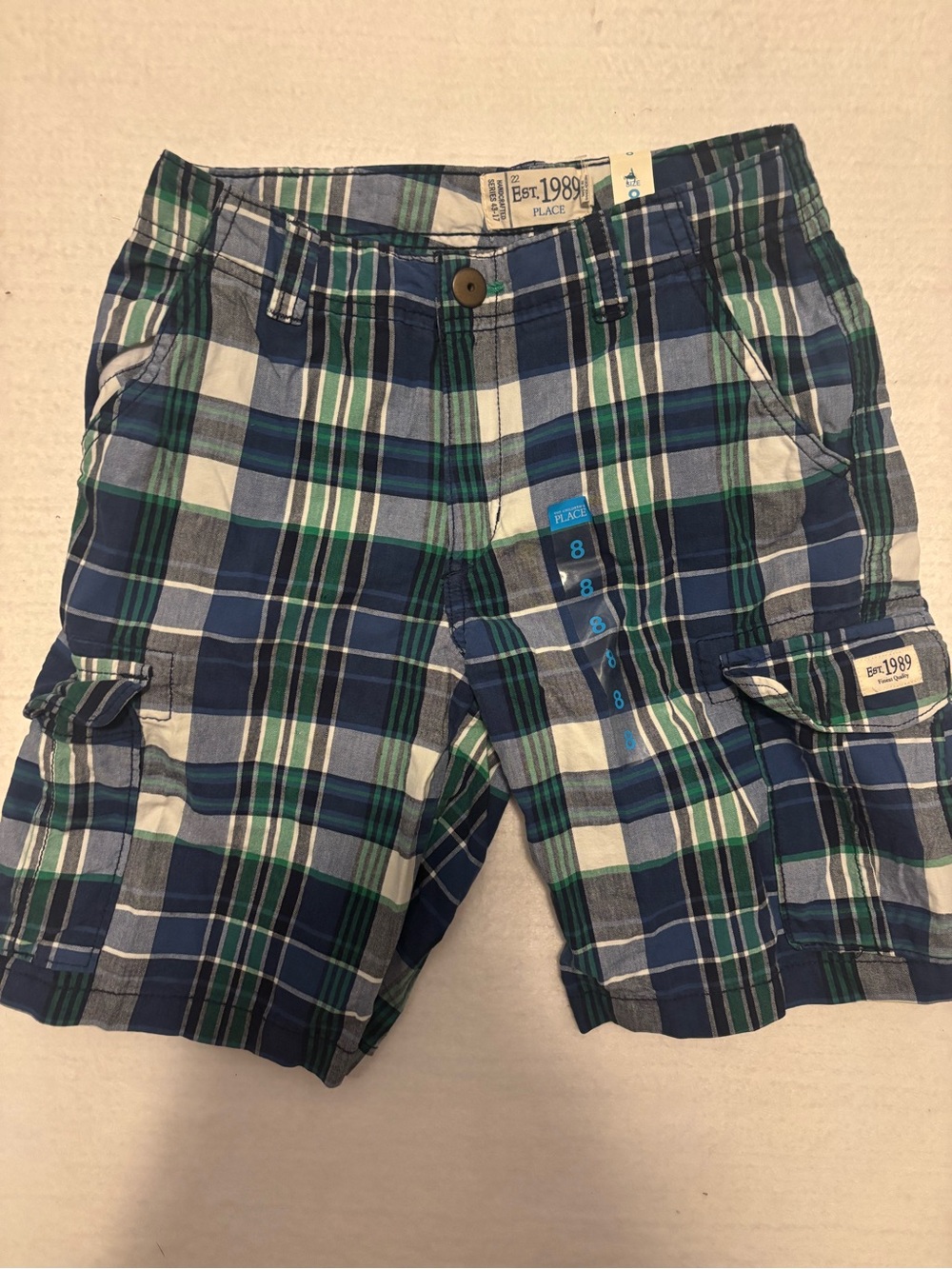 The Children's Place Blue Green Plaid Cargo Boys Shorts Size 8